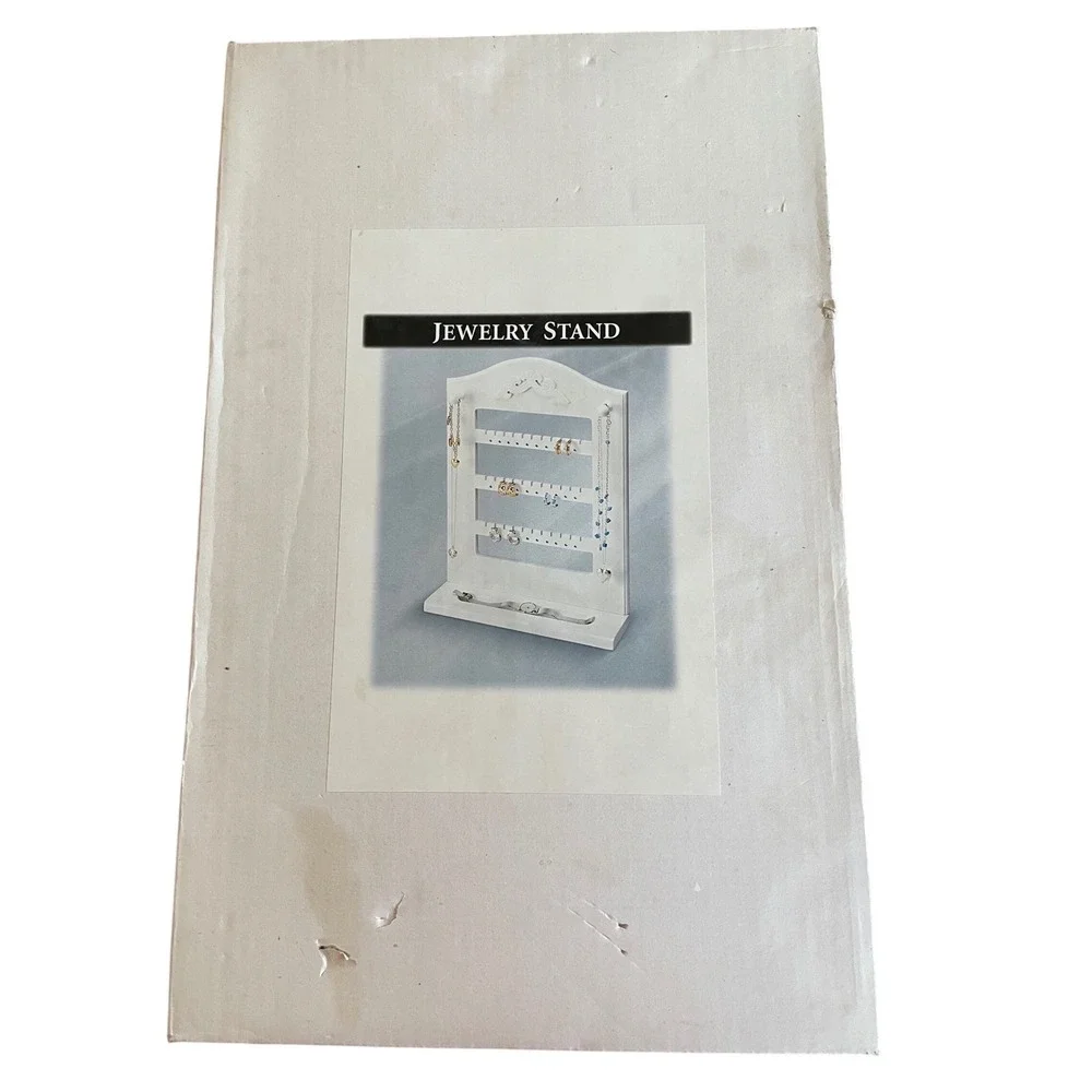 NIB White Shabby Chic Wooden Jewelry Stand Countertop Earring Holder Organizer